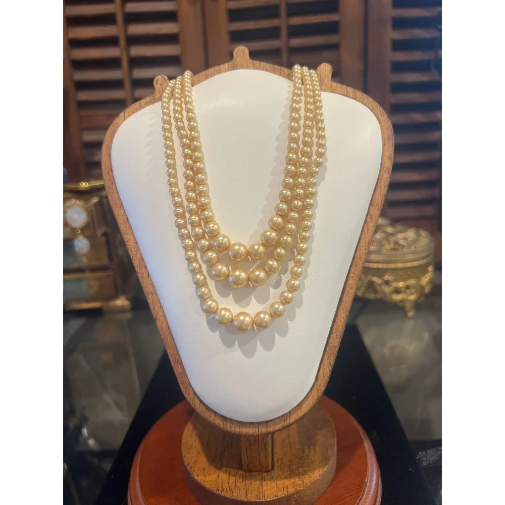 Vtg Triple Strand Graduated Faux Pearl Necklace Rhinestone Clasp Cream 15-19in